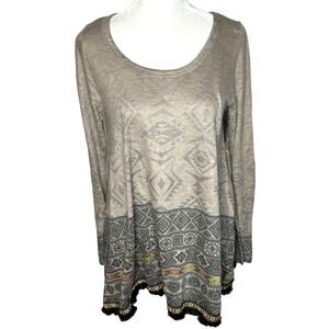 Blu Pepper Anthro Boho Colorful Embroidery Fringe Gray Aztec Sweater Shirt Small